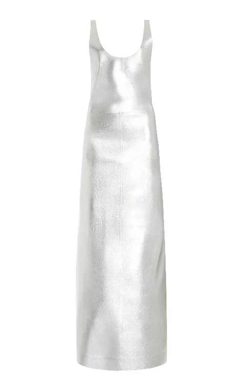 Ellson Maxi Dress in Silver Metallic Nappa Leather Stylish Women's Neon