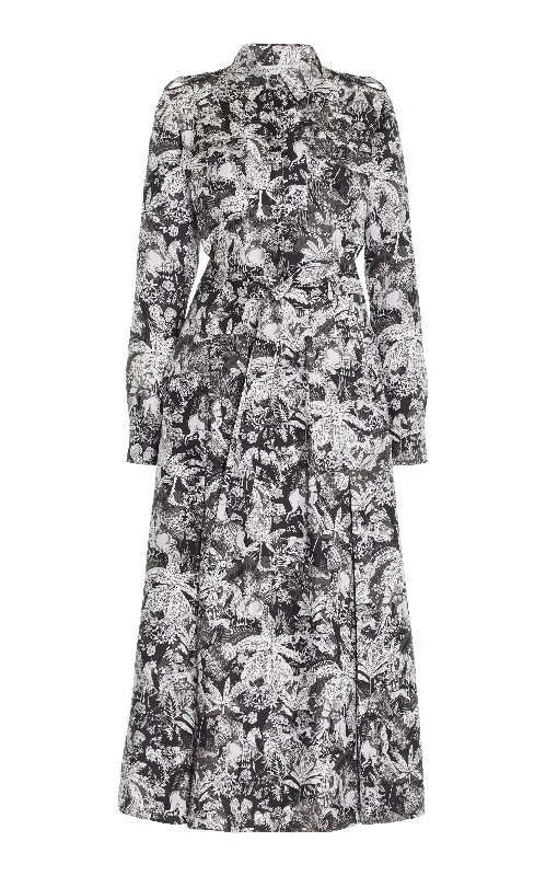 Galway Maxi Shirtdress in Grey Scale Printed Silk Twill Casual Women's Japanese 