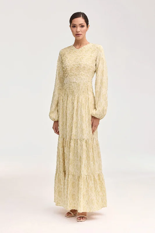 Ghalia Floral Pin Tuck Maxi Dress Vacation