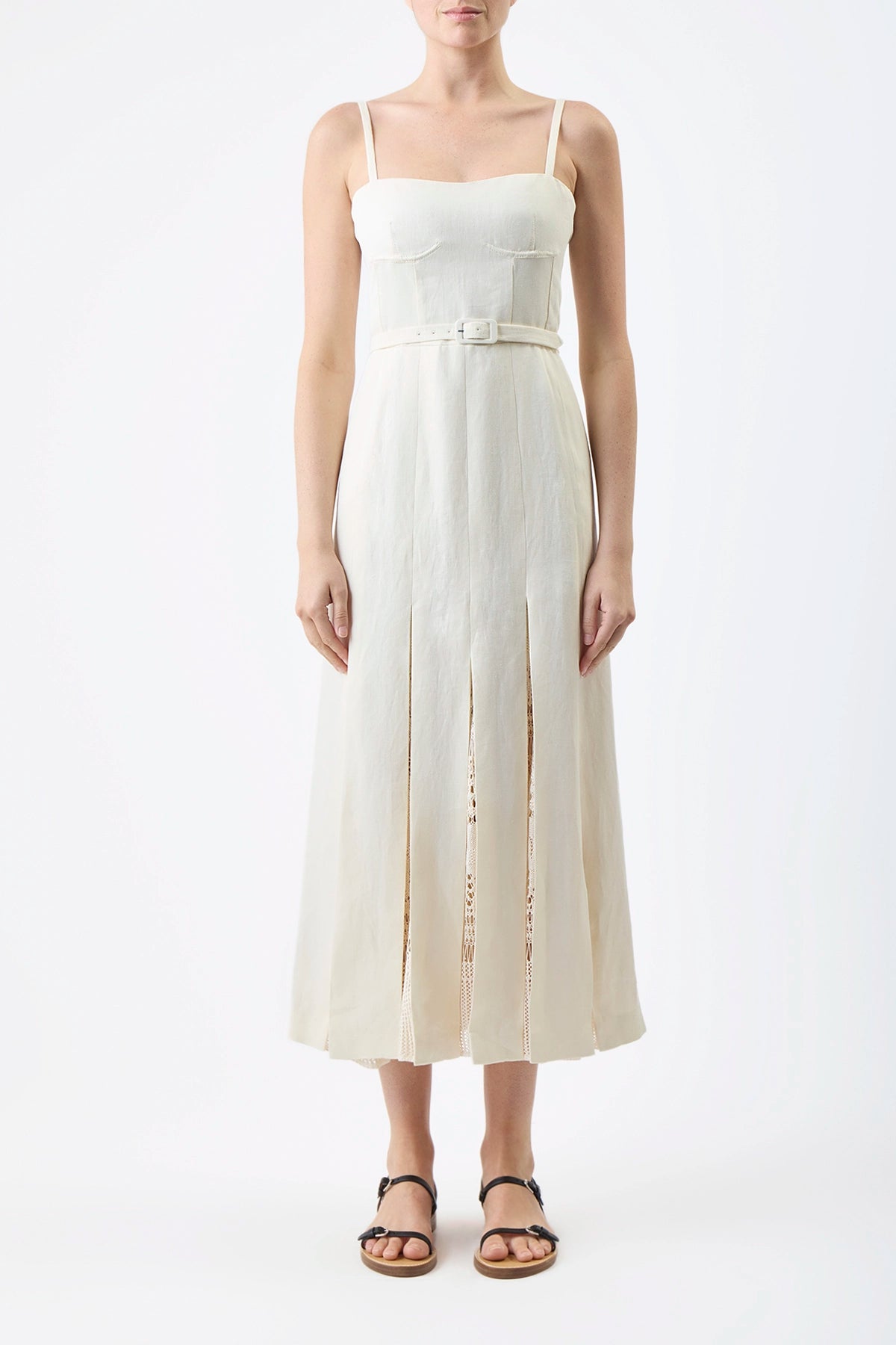 Godard Pleated Dress in Ivory Textured Linen Bold Women's Statement