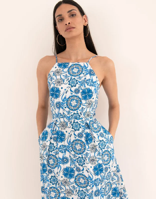 Goreti Cotton Midi Dress - Space Flower Blue Traditional Women's Wool
