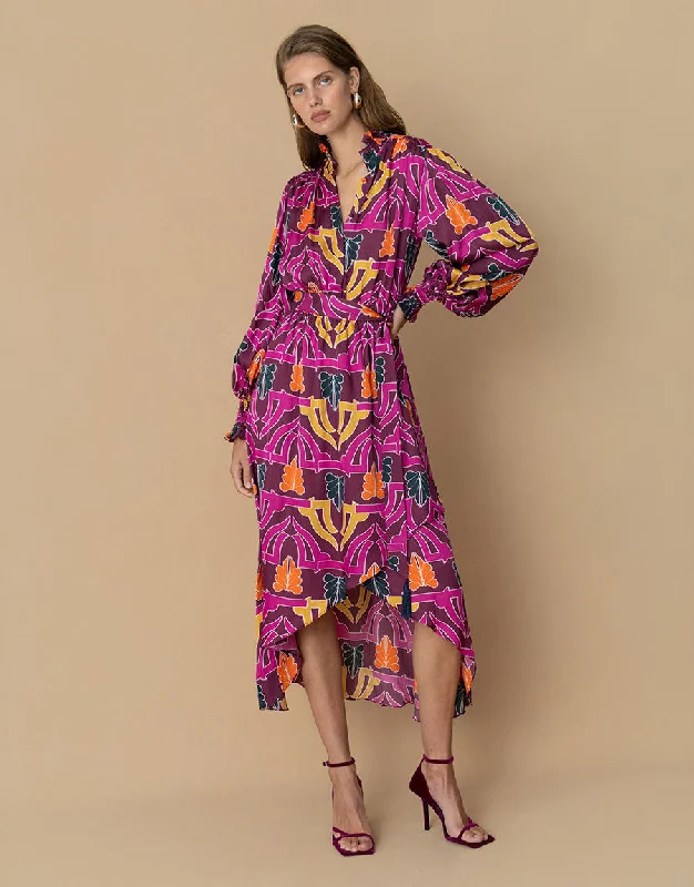 Ivy Hammered Satin Midi Dress - Geo Pink - SALE Dapper Women's 1920S