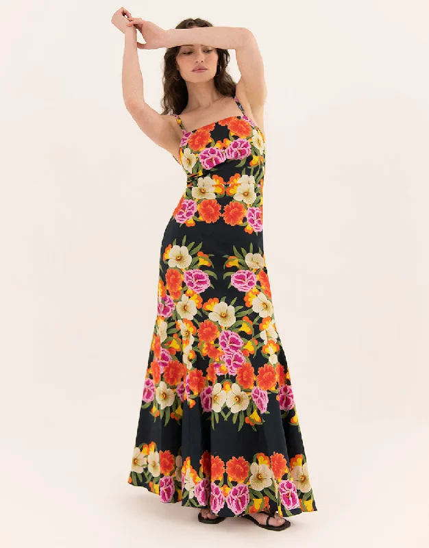 Jalisa Cotton Maxi Dress - Vila Floral Black Stylish Women's Neon