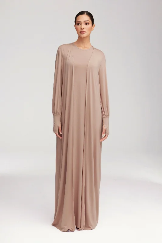 Jenin Jersey Open Abaya & Maxi Dress Set - Mink Earthy Women's 