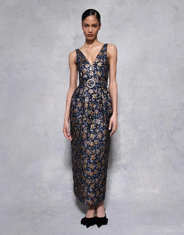 Jules Floral Jacquard Midi Dress - Navy/Gold Feminine Women's Soft 