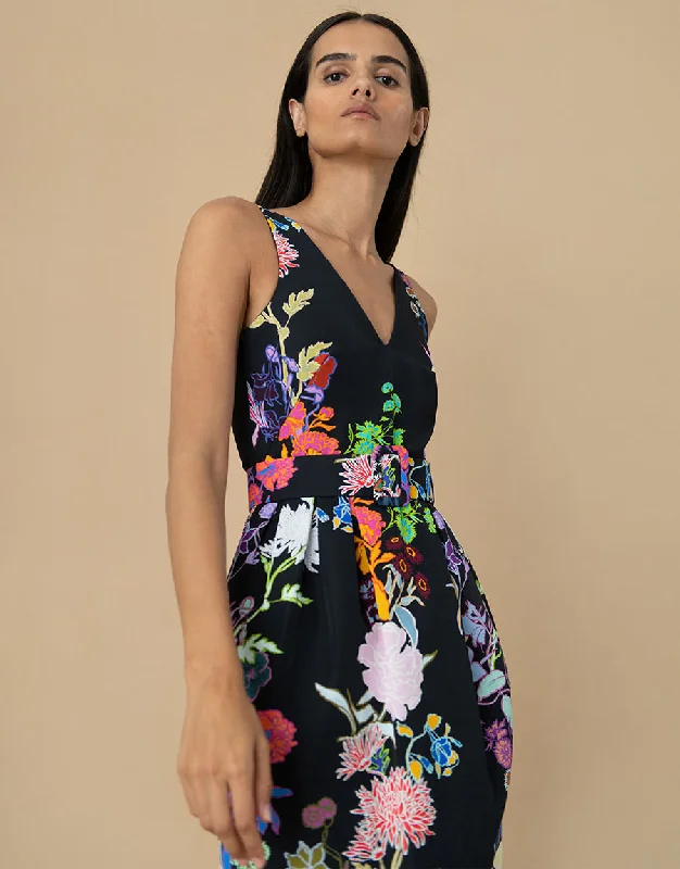 Jules Taffeta Midi Dress - Jardin Black - SALE Monochromatic Office Style