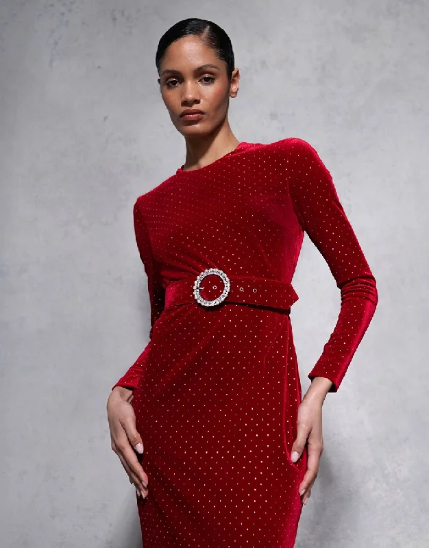 Kiara Velvet Midi Dress - Crystal Burgundy Geometric