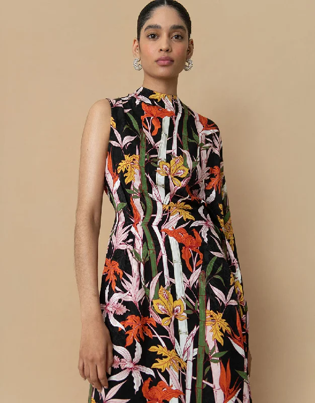 Laurel Satin Jacquard Midi Dress - Bamboo Black - SALE Classic Women's Tweed