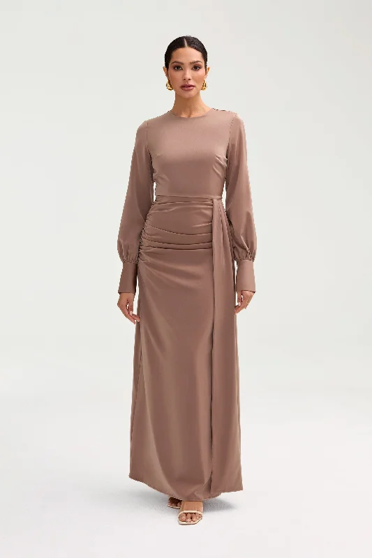 Laylani Satin Rouched Maxi Dress - Taupe Elegant Women's 
