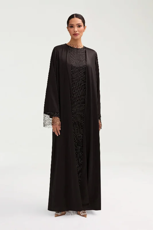 Lyana Crystal Mesh Satin Abaya - Black Youthful Women's Anime - inspired