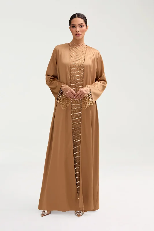 Lyana Crystal Mesh Satin Abaya - Champagne Artistic Women's Hand - painted