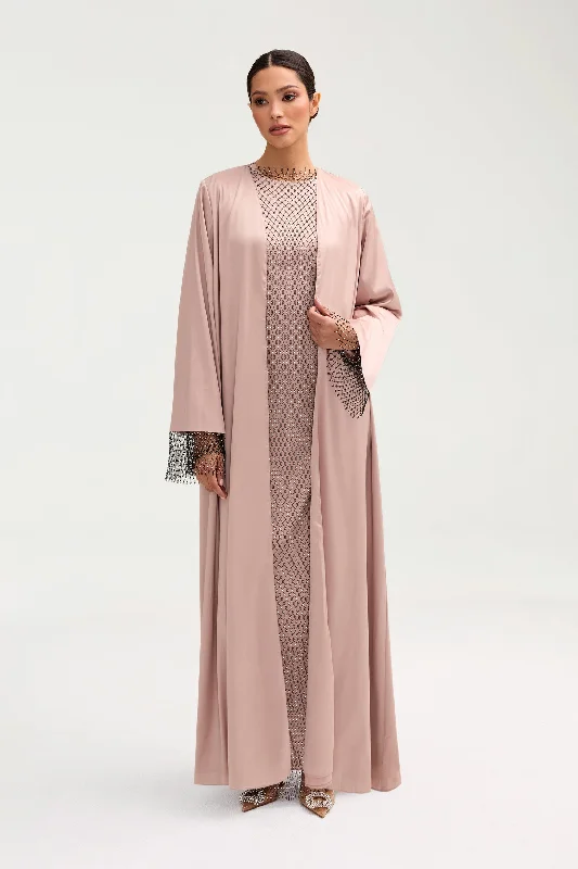 Lyana Crystal Mesh Satin Abaya - Pink Jasmine Relaxed Women's Beachy