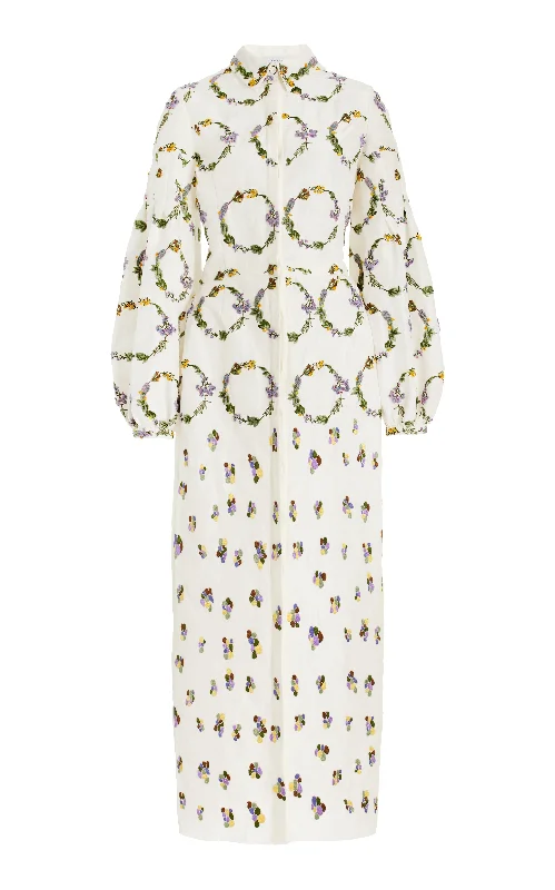 Mauri Embroidered Shirtdress in Ivory Linen Silk Classic Women's Tweed