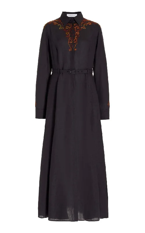 Mcgraw Embroidered Shirtdress in Charcoal Aloe Linen Preppy Women's College