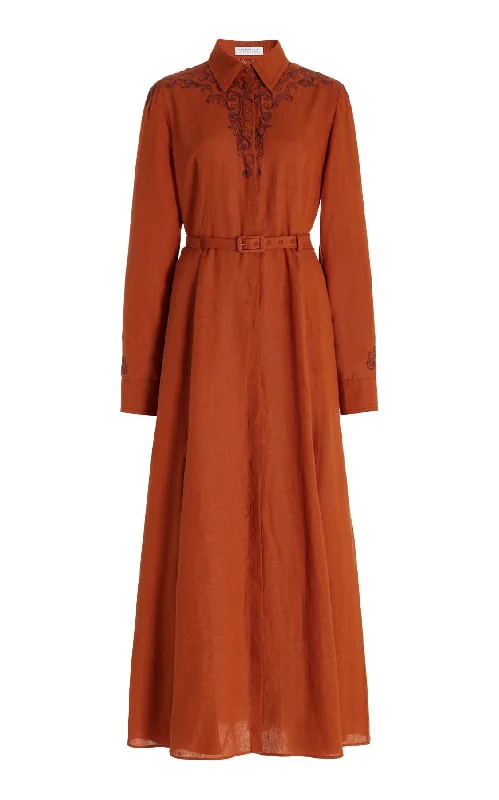 Mcgraw Embroidered Shirtdress in Red Clay Aloe Linen Hip Women's Retro