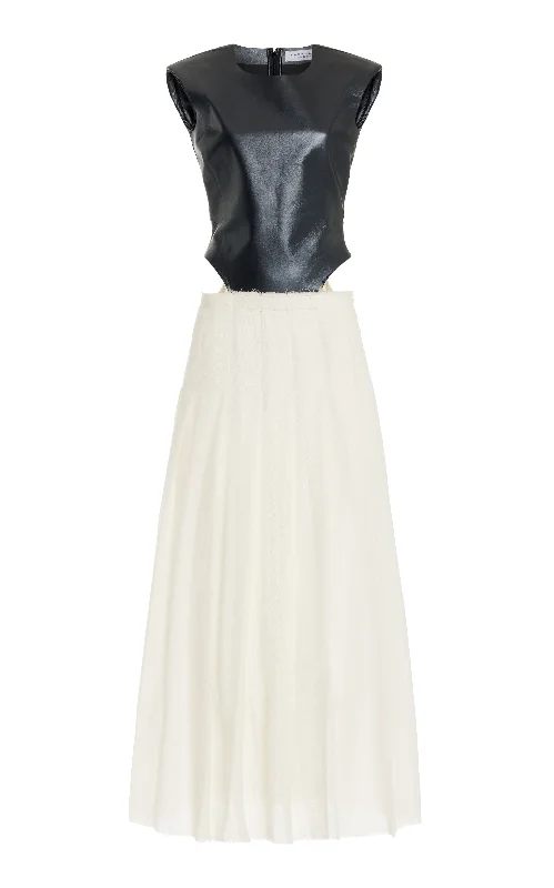 Mina Pleated Maxi Dress in Black Metallic Nappa Leather & Ivory Virgin Wool Cashmere Gauze Refined Women's Velvet