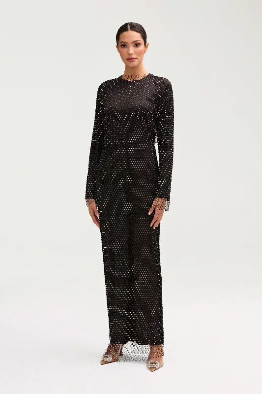 Naila Satin Crystal Mesh Maxi Dress - Black Gym