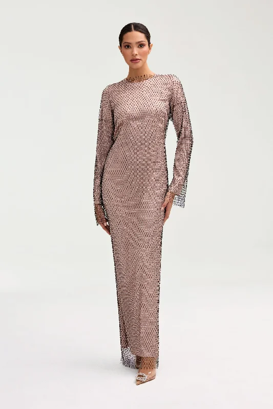 Naila Satin Crystal Mesh Maxi Dress - Pink Jasmine Disco