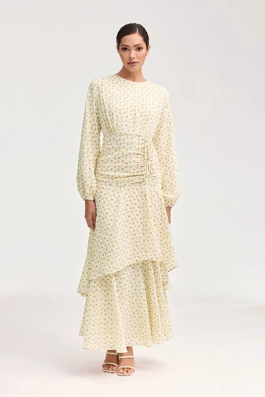 Narjis Side Rouched Maxi Dress - Beige Floral Earthy Women's Hemp - based