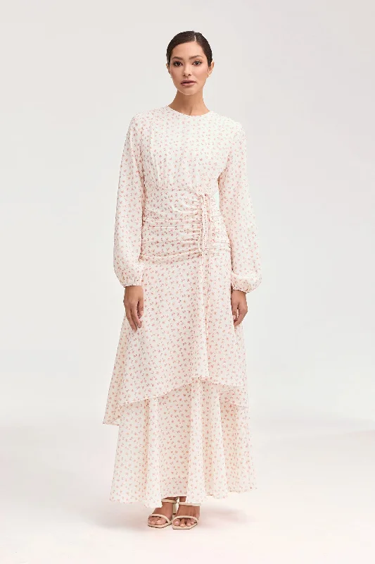 Narjis Side Rouched Maxi Dress - Pink Floral Geometric