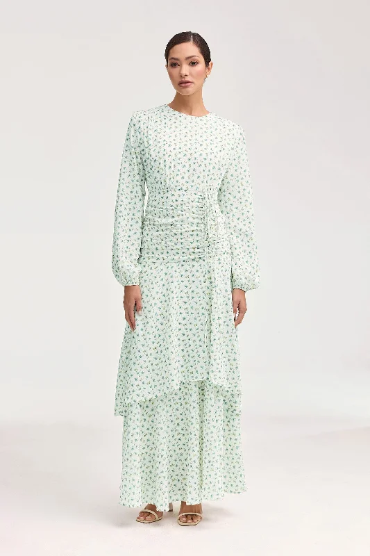 Narjis Side Rouched Maxi Dress - Teal Floral Streetwear Style for 