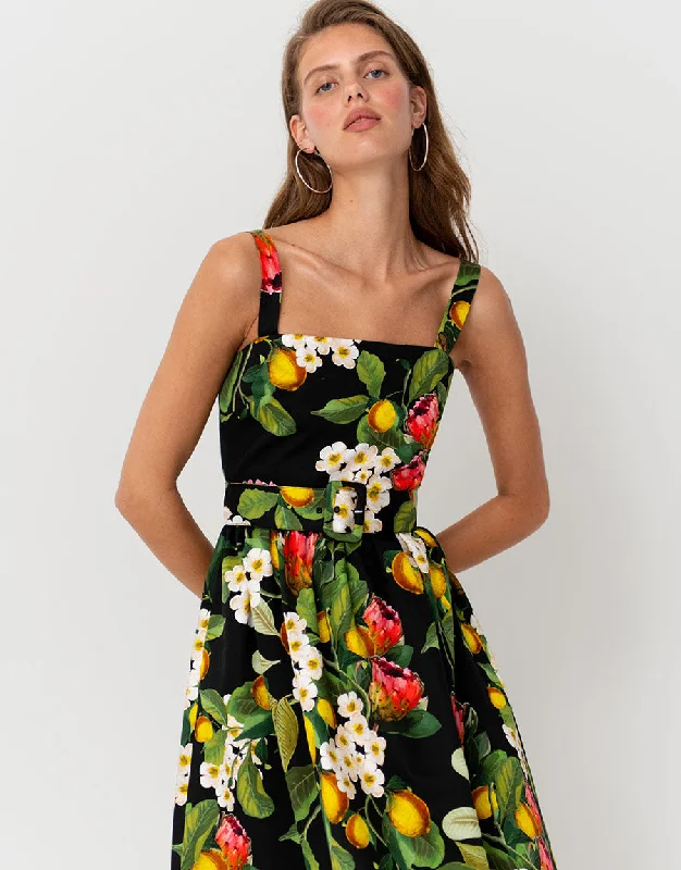 Ninet Cotton Midi Dress - Lemon Bouquet Black Luxurious Women's High -  end