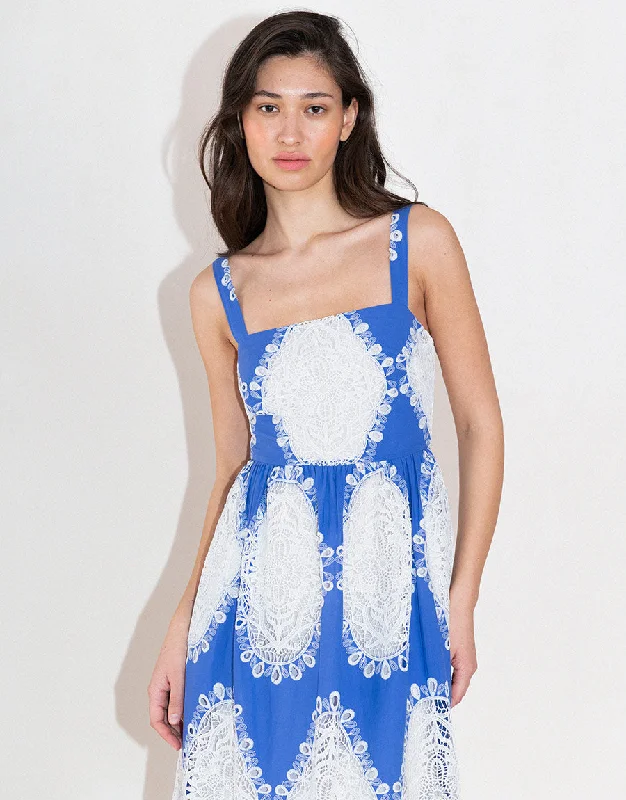 Ninet Lace Midi Dress - Blue/White Monochromatic Office Style
