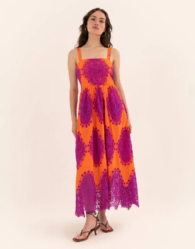 Ninet Lace Midi Dress - Orange/Fuchsia Laid - back Women's Vibe