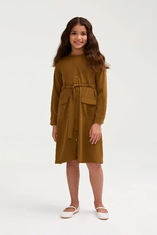 Olivia Button Down Utility Dress - Khaki Green (Girls) Bold Women's Statement
