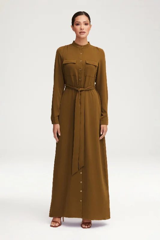 Olivia Button Down Utility Maxi Dress - Khaki Green Youthful Women's Anime - inspired