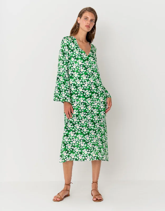 Phoenix Hammered Satin Midi Dress - Flower Burst Green Sophisticated Women's 