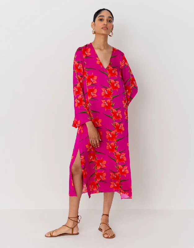 Phoenix Hammered Satin Midi Dress - Lily Fucshia British Gentlewoman Style
