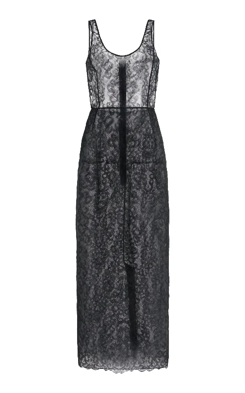 Polus Sheer Maxi Dress with Slip in Black Silk Lace Polished Women's Silk