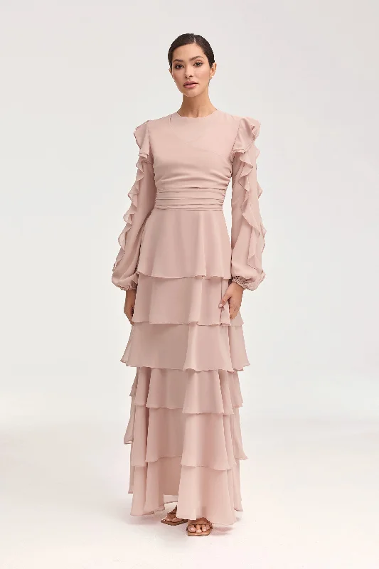 Renad Tiered Chiffon Maxi Dress - Jasmine Pink Monochromatic Office Style