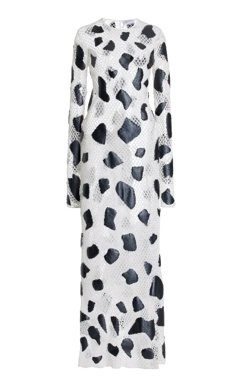Romeo Crochet Maxi Dress in White Merino Wool with Black Metallic Nappa Leather Patches Athletic Women's 