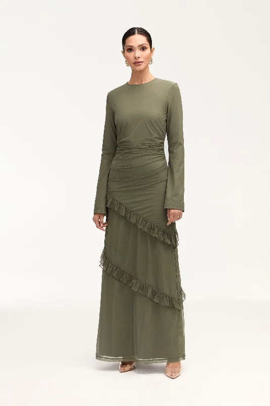 Sabrina Waterfall Mesh Maxi Dress - Smokey Olive Refined Women's Velvet