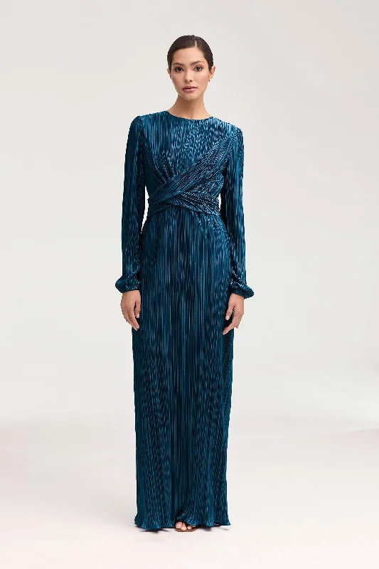 Samara Satin Plisse Wrap Waist Maxi Dress - Lapis Blue Australian Beach