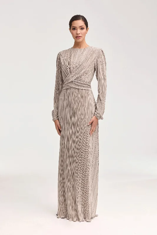 Samara Satin Plisse Wrap Waist Maxi Dress - Taupe European