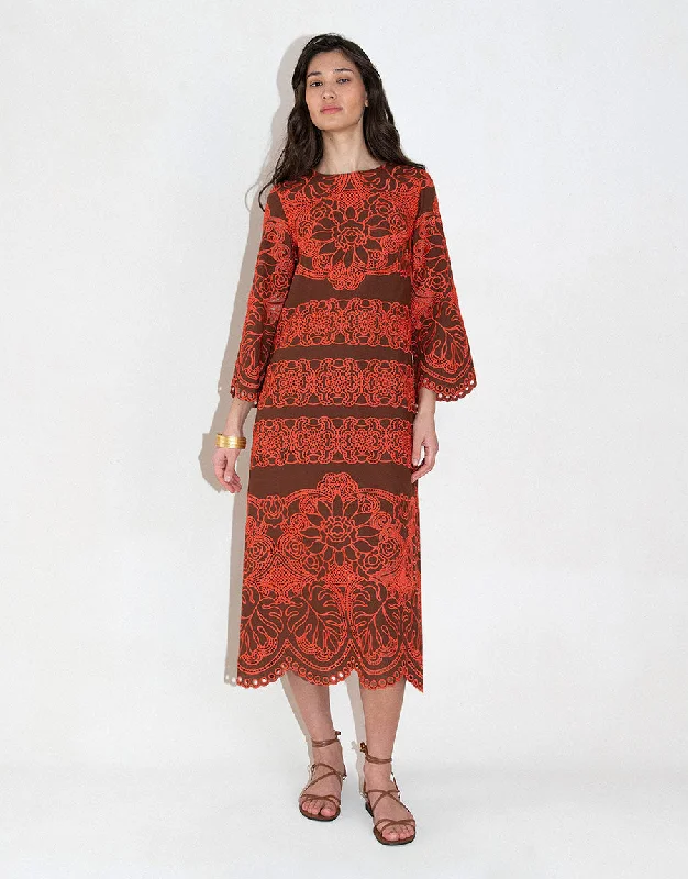 Seraphina Embroidery Midi Dress - Palm Brown Sophisticated Women's 