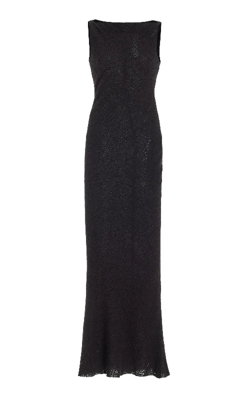 Seren Maxi Dress in Black Silk Cashgora Boucle Gauze Sporty Women's Athleisure 