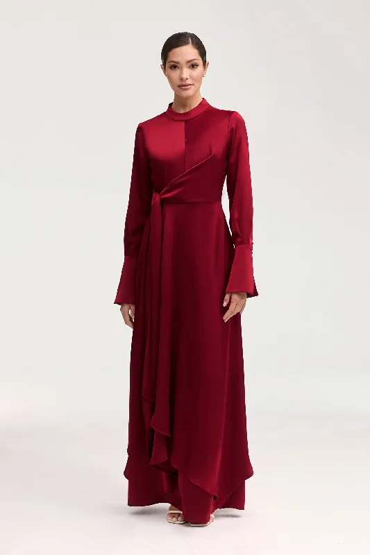 Serena Satin Side Tie Maxi Dress - Burgundy Streetwear Style for 