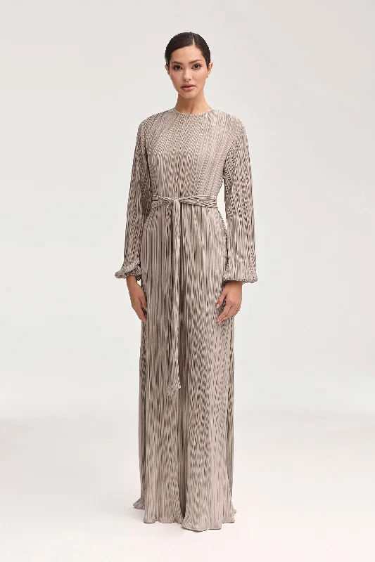 Stacey Satin Plisse Maxi Dress - Taupe Elegant Women's 