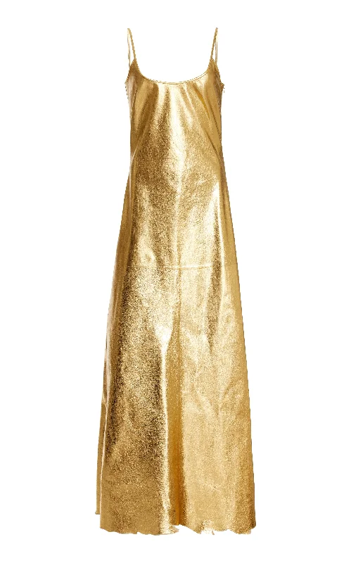Teles Slip Dress in Gold Metallic Nappa Leather Cozy Women's Winter