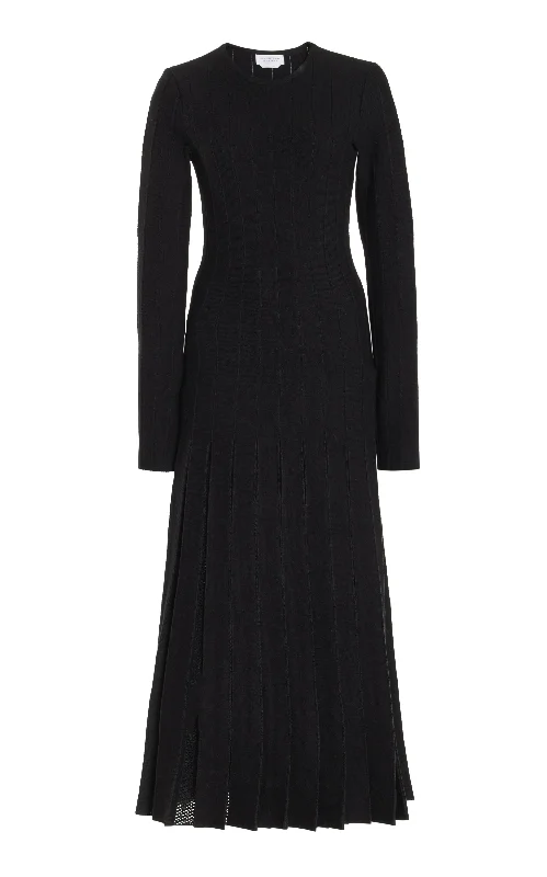 Walsh Knit Pleated Maxi Dress in Black Wool Laid - back Women's Style