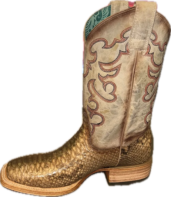 Corral Ladies Taupe-Beige Python Embroidery Wide Square Toe Boots - B5007