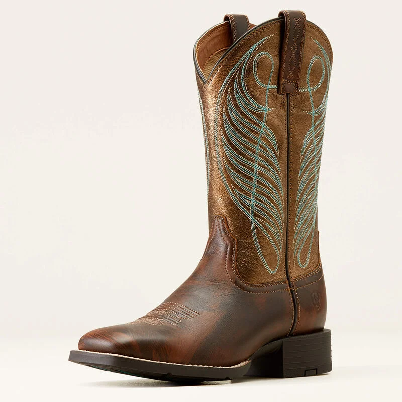 Ariat Ladies Round Up Wide Square Toe Western Boots Yukon Brown 10016317