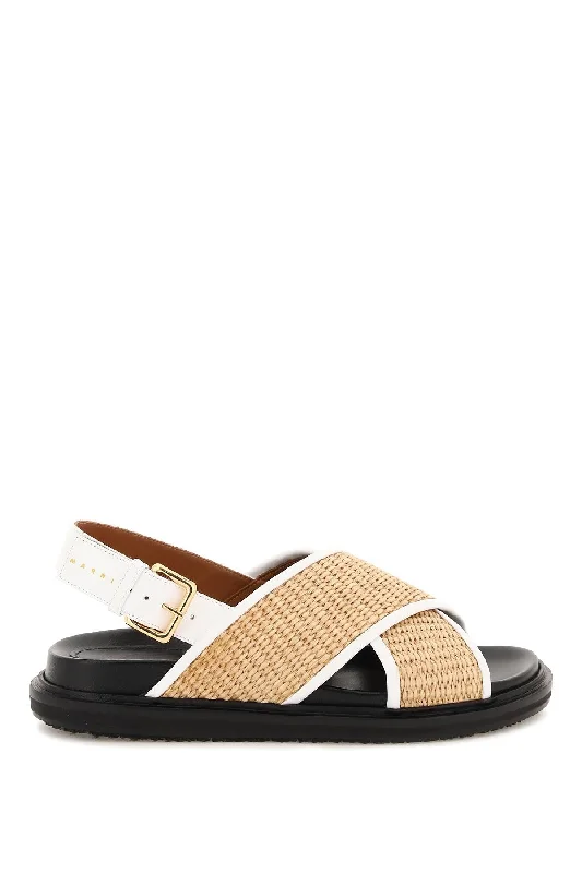 Marni Women's Leather And Raffia Fussbett Sandals Quilted Shoe Design  
