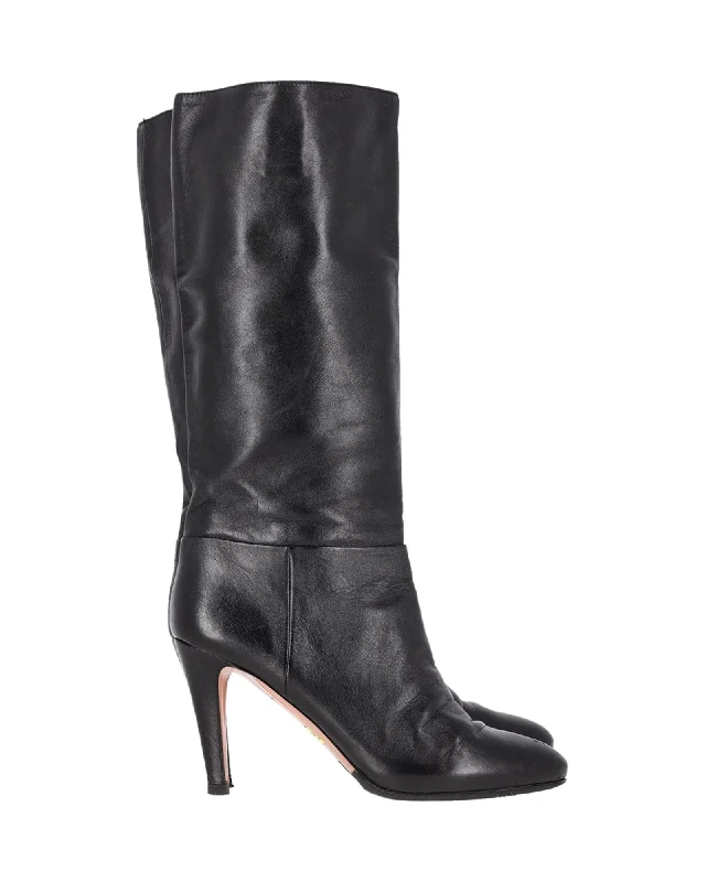 Prada Mid-Calf Heeled Boots in Black Leather Hip - Hop Sneaker Style  