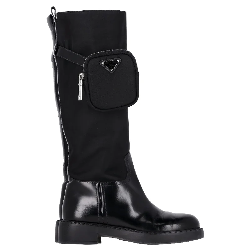 Prada Monolith Pouch Riding Boots in Black Nylon and Leather Blue Coast Loafer Aesthetic 