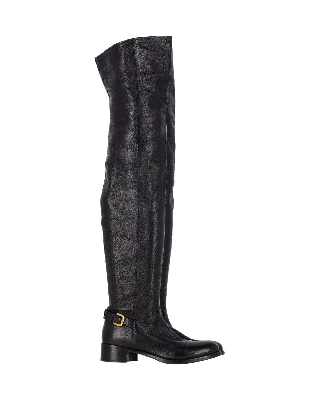 Prada Over-The-Knee Buckled Boots in Black Leather Casual Loafer Style          